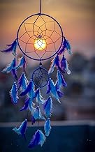 ILU® Dream Catchers Wall Hangings, Home Décor, Handmade Dreamcatcher for Bedroom, Balcony, Garden, Party, Café, Small Ring Beaded Blue & Light Blue Feathers 17cm Diameter Length 60cm