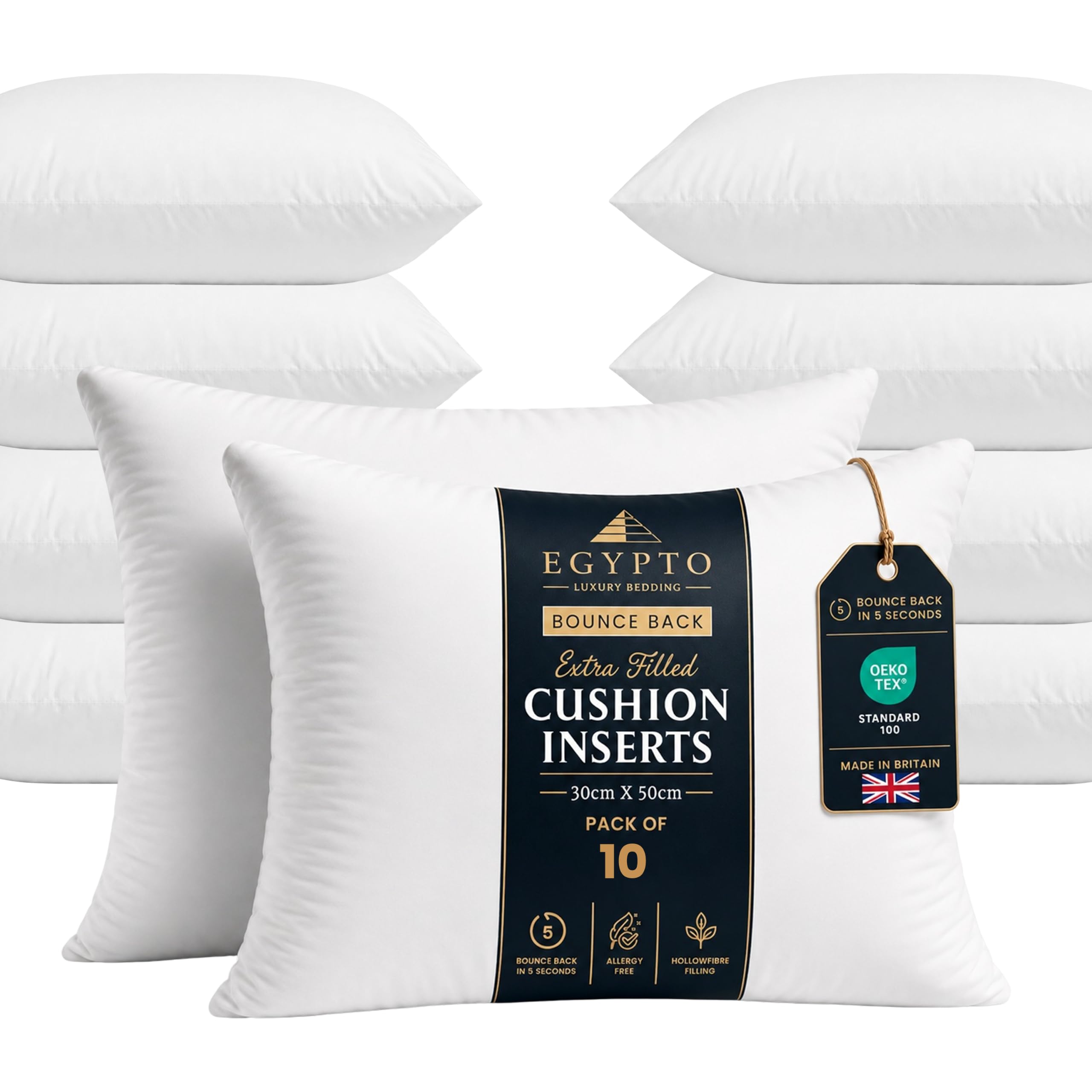 EGYPTO Pack of 10 Cushion Inserts 30cm x 50cm | Plump Bounce Back 12x20 Inch Cushion Pads | Hypoallergenic Sofa & Throw Pillows Inner | Made in UK