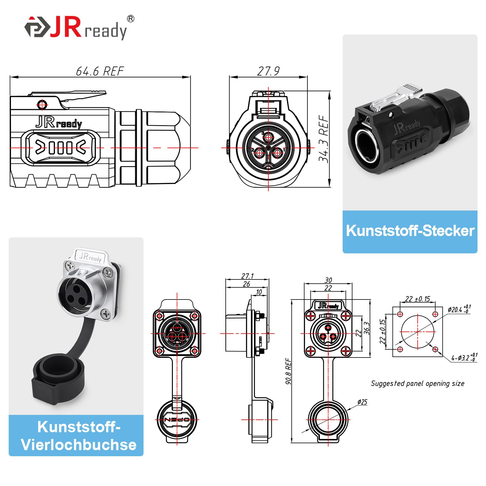 JRready JRSSWCONN23B02 Conector impermeable industrial de 3 pines, conector redondo IP68, conector rápido, conector eléctrico con juego de extractores