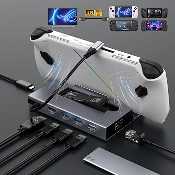 ROG XBOX Ally X/Legion Go/Steam Deck OLED/MSI Claw/Switch Dock, 7-in-1 USB-C Hub Docking Station, HDMI, 4K@60Hz, RJ45 Gigabit LAN, 100W PD Rapid Charging, M.2 SSD Bay 2 TB, USB 3.0 x 2, USB 2.0 x 1, Aluminum Alloy Housing Body and overcurrent protection | Game Console Dock