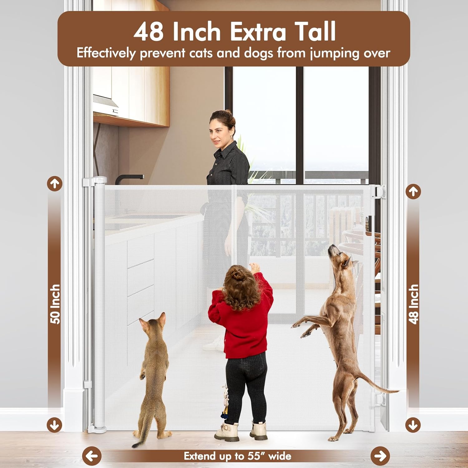Reinforced 48" Extra Tall Baby Gate with Support Rods, 4 Ft Tall Retractable Gate for Dogs 55" Wide Pet Gates for Doorways Mesh Cat Gate - Prevent Baby/Pet from Jumping Over, White