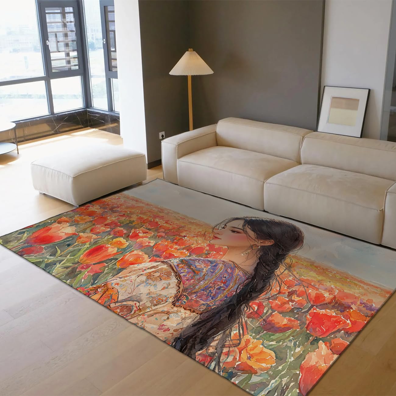 Tappeti per soggiorno tappeti lavabili in campo tulipano vintage bohemi morbidi antiscivolo impermeabili per pavimenti interni per camera da letto 100x150cm