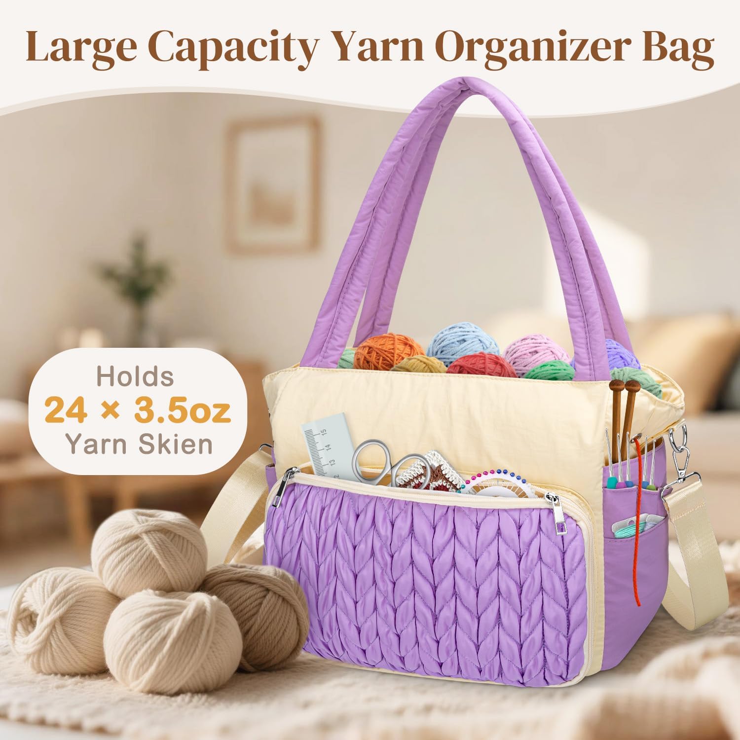 DALINDA Crochet Bag Organizer,Yarn Bag and Tote- Yarn Storage with Multiple Pockets for Crochet Supplies, Knitting Bag for gifts,Portable & Durable(Brown)