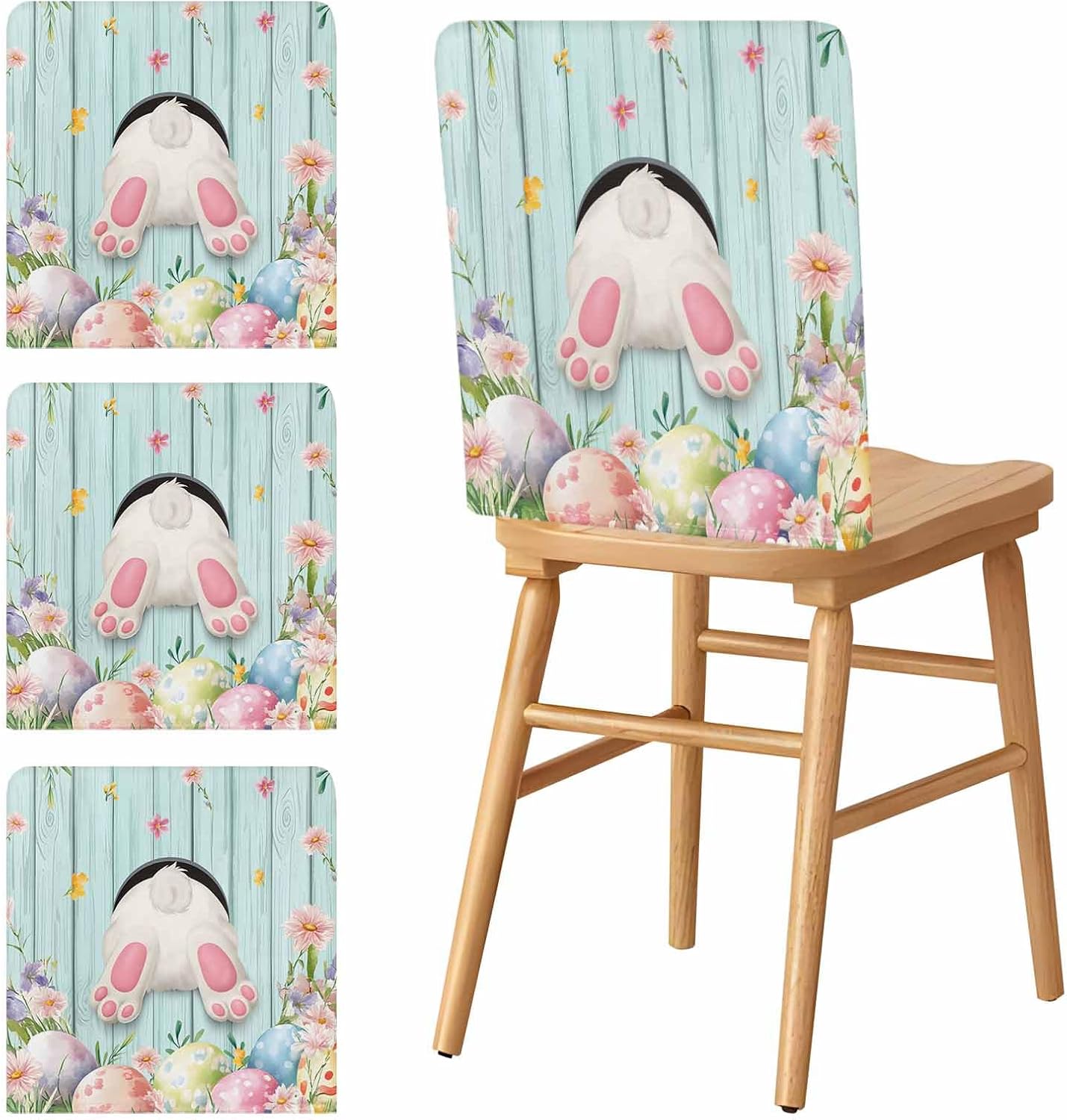 LooPoP Easter Chair Covers Set of 8 Bunny Eggs Chair Slipcover Protector Stretch Chair Covers Spring Floral Teal Wood Grain Chair Back Covers for Dining Chairs Kitchen Dinner Spring Holiday Party