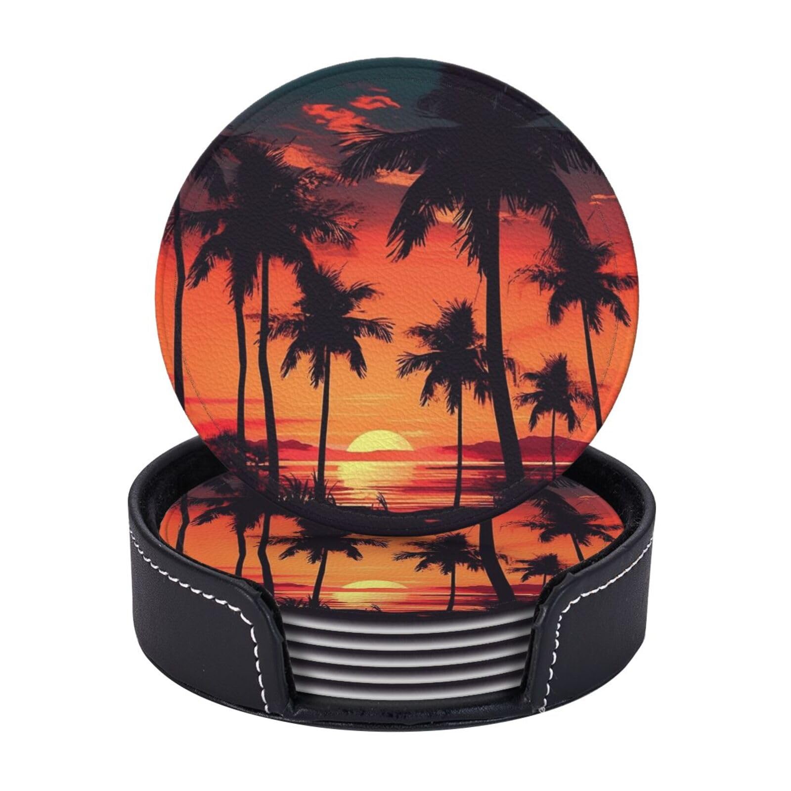 6Pcs PU Leather Coaster for Drinks, Palm Tree Summer Sunset Cup Coasters with Holder, Aesthetic Drink Coasters for Coffee Table, Round Coaster for Tabletop Protection 4" Cup Mat Pad