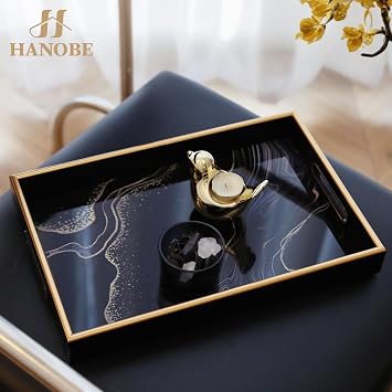 Hanobe Black Ottoman Serving Tray with Handles for Coffee Table Home Decor