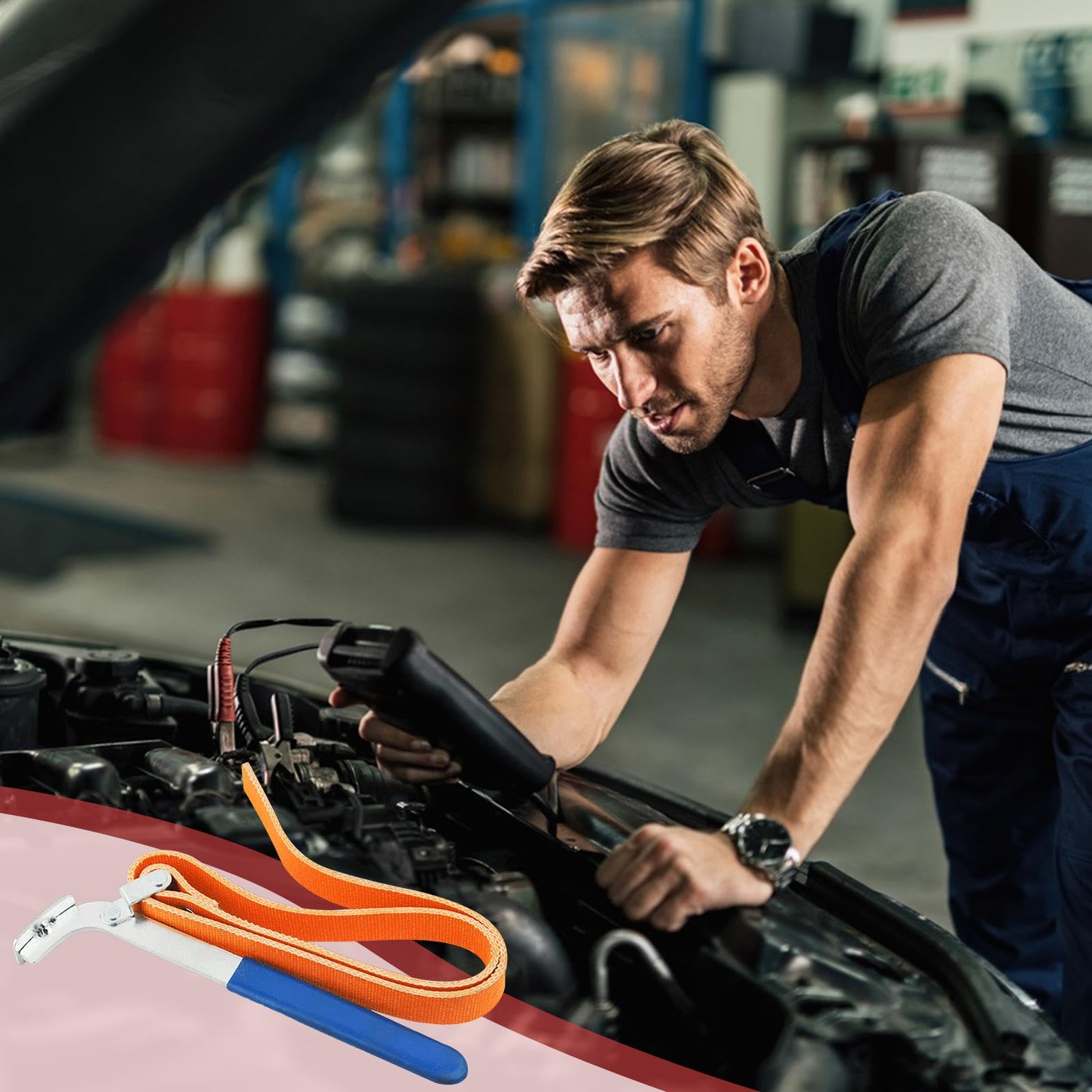 Generico Klucz do filtrów olejowych, Heavy Duty Strap Wrench, 8,07 , regulowany pasek na rękę, niebieski i pomarańczowy, przenośny łatwy uchwyt, wielofunkcyjny narzędzie do usuwania oleju, wody