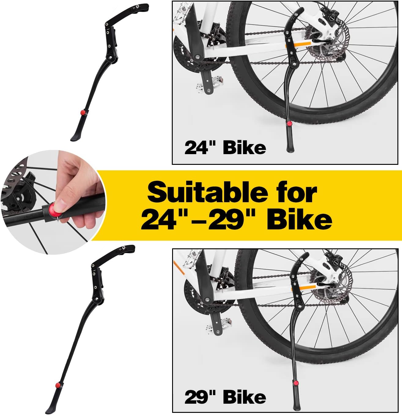 RUBY.Q Bike Kickstand, 1 Pack/2 Pack Extended Adjustable Bicycle Kickstand, 2 Point Mounting, Aluminum Alloy Body, Non-slip Rear Kickstand for 24"-29" Bike Mountain Road Cycling (1 Pack)