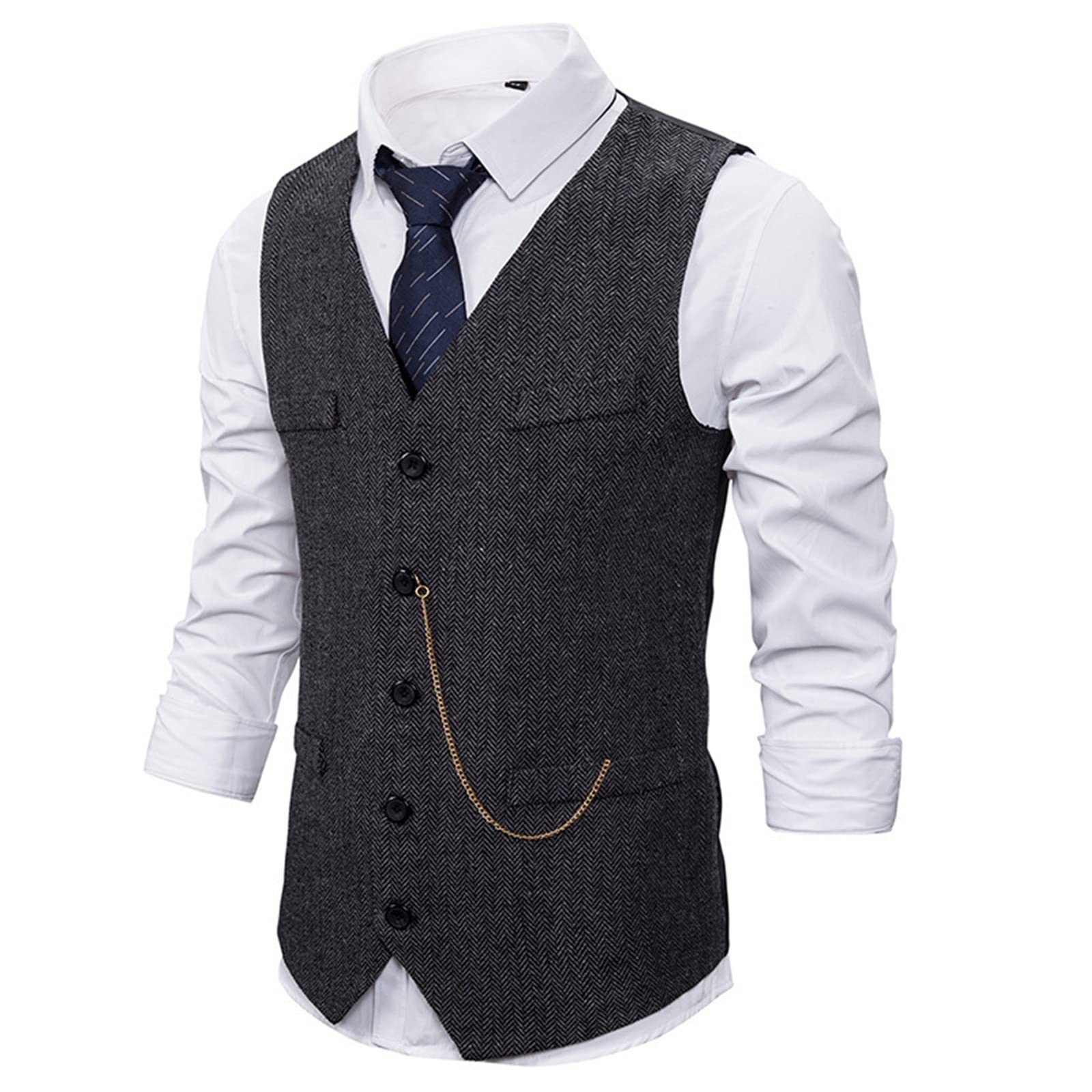 Kiioouu Bruiloft Pak Voor Mannen Vest Vest Ketting Bijpassende V-hals Formele Sociale Gentleman Party Gilet, marineblauw, S