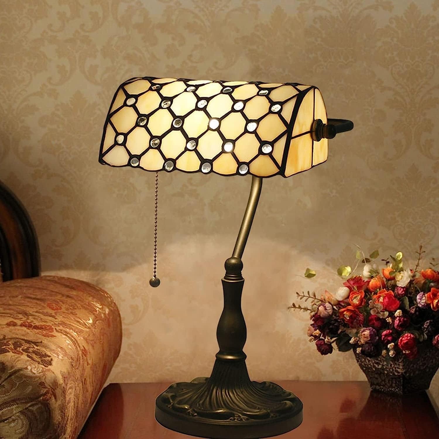 Bankiers Tischlampe, farbige Glaslampe, Kristallperlenschreibtischlampe, Schlafzimmer in der Nacht Leselampe (beige gelbe Glasperlenschatten) Innovate