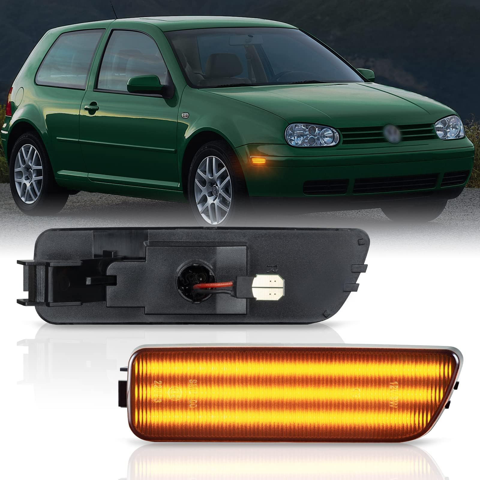 POPMOTORZ LED Side Marker Lights Front Bumper Amber LED Lamps Compatible With V-olkswagen1999-2005 G-OLF MK4、JETTA MK4,2000-2003 GTI/R32 MK4,1999-2002 CABRIO Replace OEM Sidemarker Lamp Smoke Lens