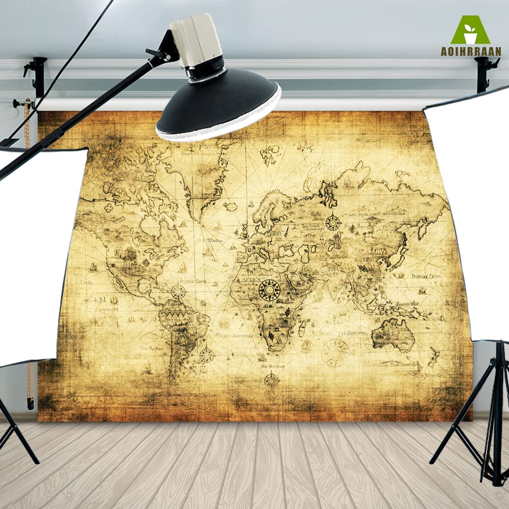 Aoihrraan 3x2m Vintage Mondo Mappa Fotografia Sfondo Bussola Vintage tesoro caccia pergamena mappa Sfondo Ragazzo Camera Arredamento Benvenuto Avventura Attende Compleanno Festa Ritratto Foto Prop