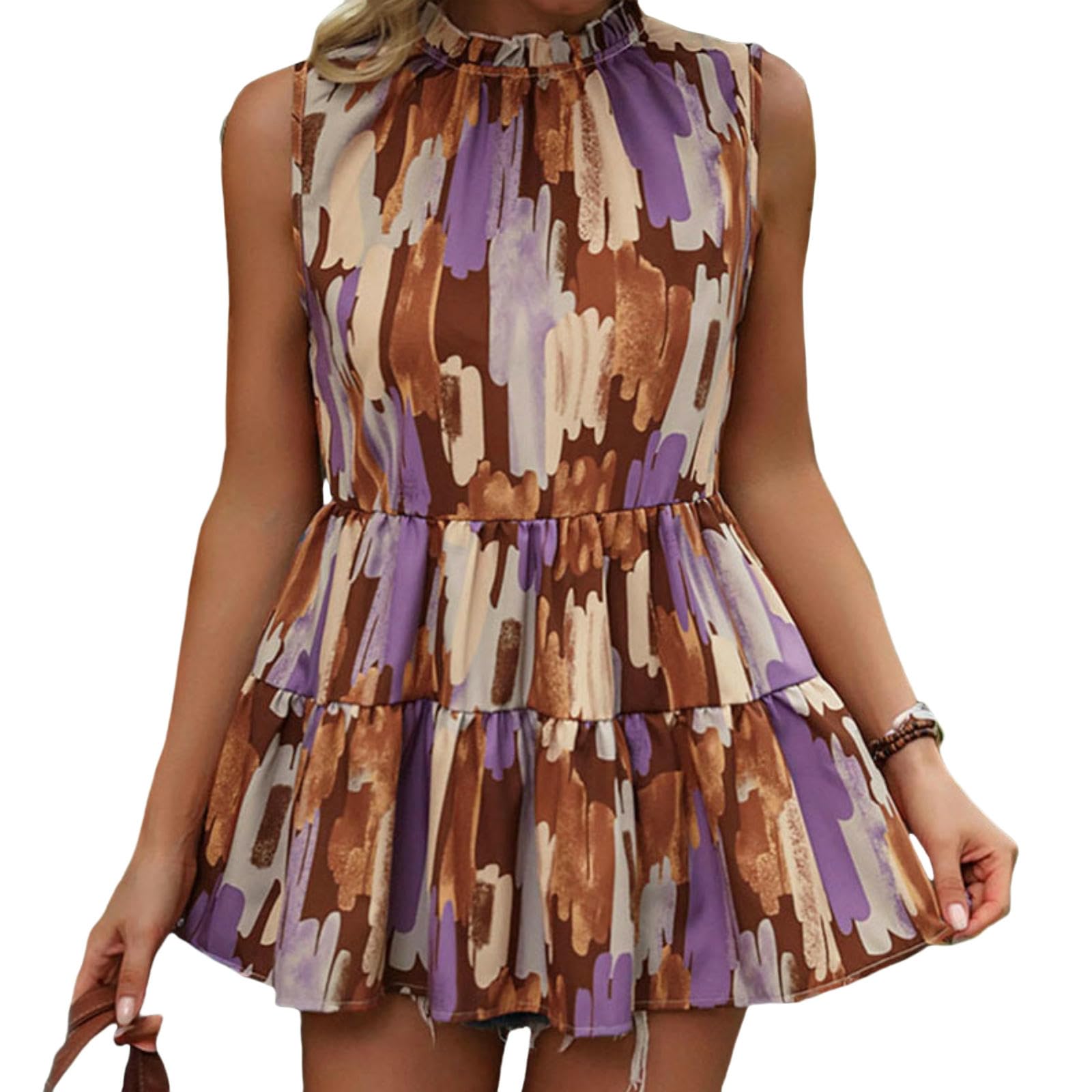 Letnie sukienki dla kobiet, damskie letnie sukienki, okrągły dekolt, bez rękawów, wysoka talia, falbana, sukienka plażowa, mini spódniczka, Kolor pomarańczowy, S