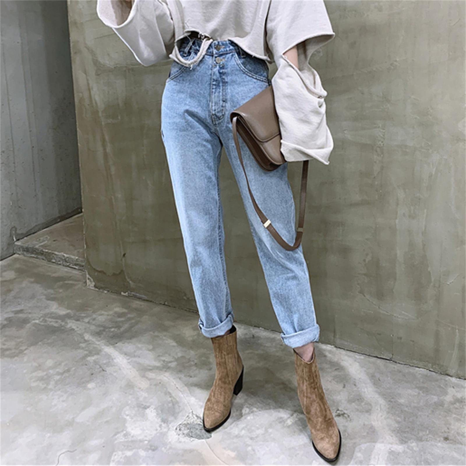 UKKO Jeans da Donna Pantalone Annata dei Jeans Dritto della Vita Alta per Le Donne Streetwear Streetwear Shoes Shouser