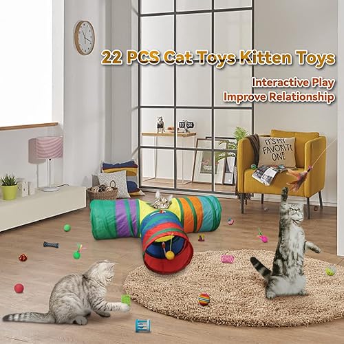 Vista 7 de BWOGUE 22PCS Cat Toys Kitten Toys Set,Collapsible 3 Way Cat Tunnels for Indoor Cats,Interactive Cat Feather Toy Fluffy Mouse Tumbler Crinkle Balls