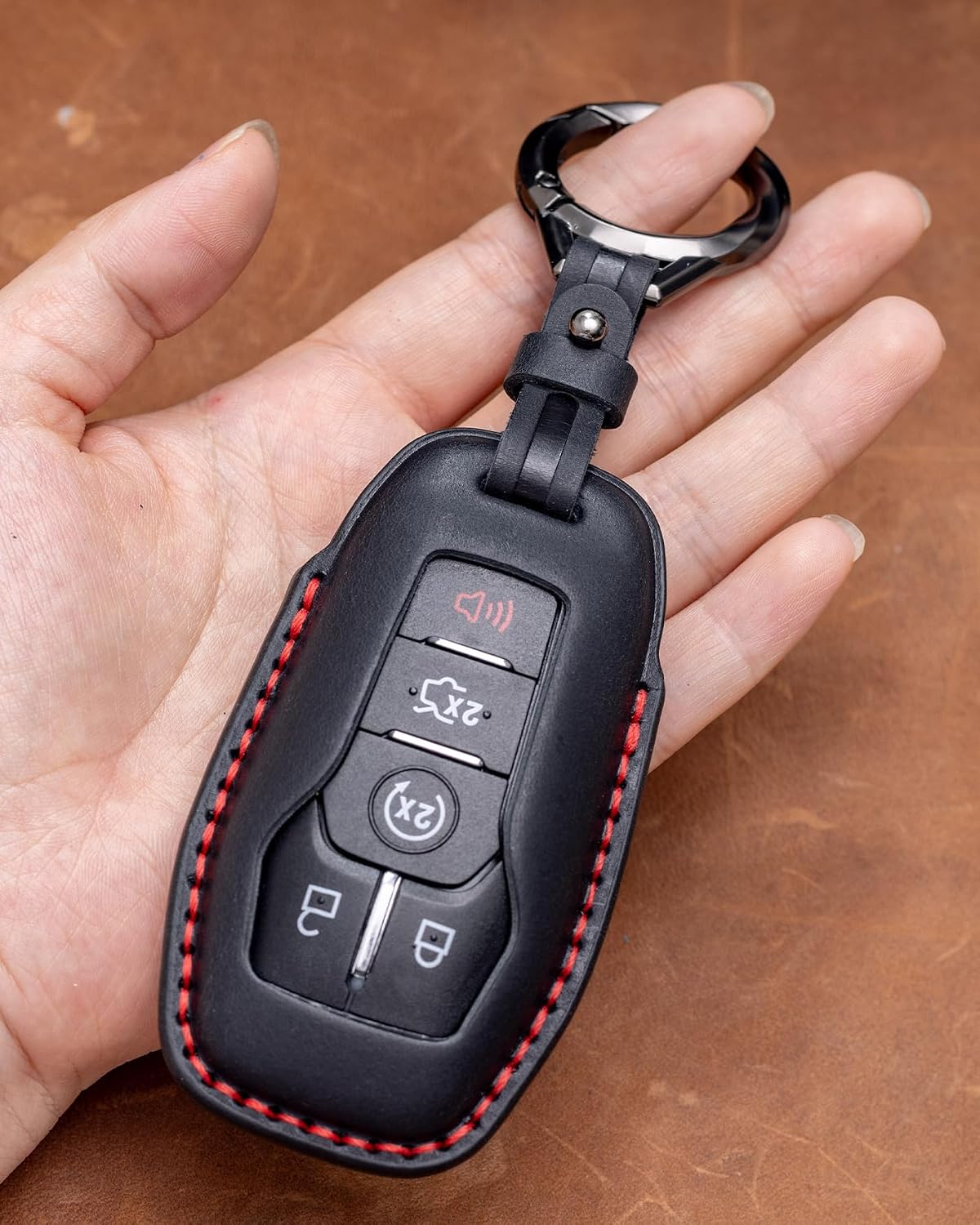 for Ford and for Lincoln Key Fob Cover Leather Car Key Chain Case Holder Compatible for Explorer Mustang Edge Fusion F150 MKZ MKC -Black
