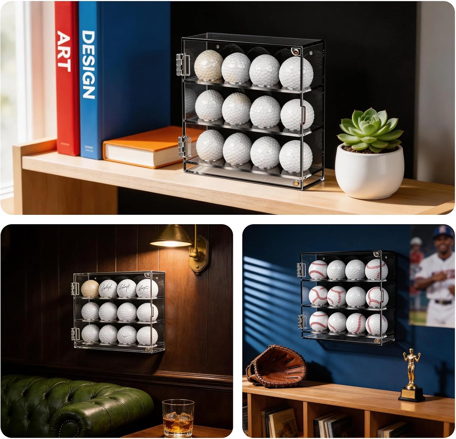 Acrylic Baseball Display Case, Golf Ball Display Case – 12-Slot Clear Wall-Mounted Showcase with Magnetic Door for Sports Memorabilia, Ideal for Home & Office