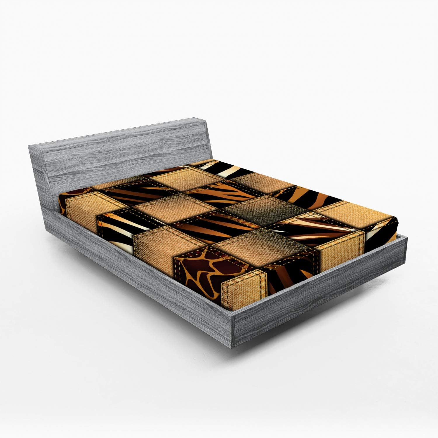 Ambesonne Savannah Fitted Sheet, Earthy Jeans Denim Inspired Patchwork in Giraffe and Zebra Design Art Print, Bed Cover with All-Round Elastic Deep Pocket for Comfort, Queen Size, Black and Brown