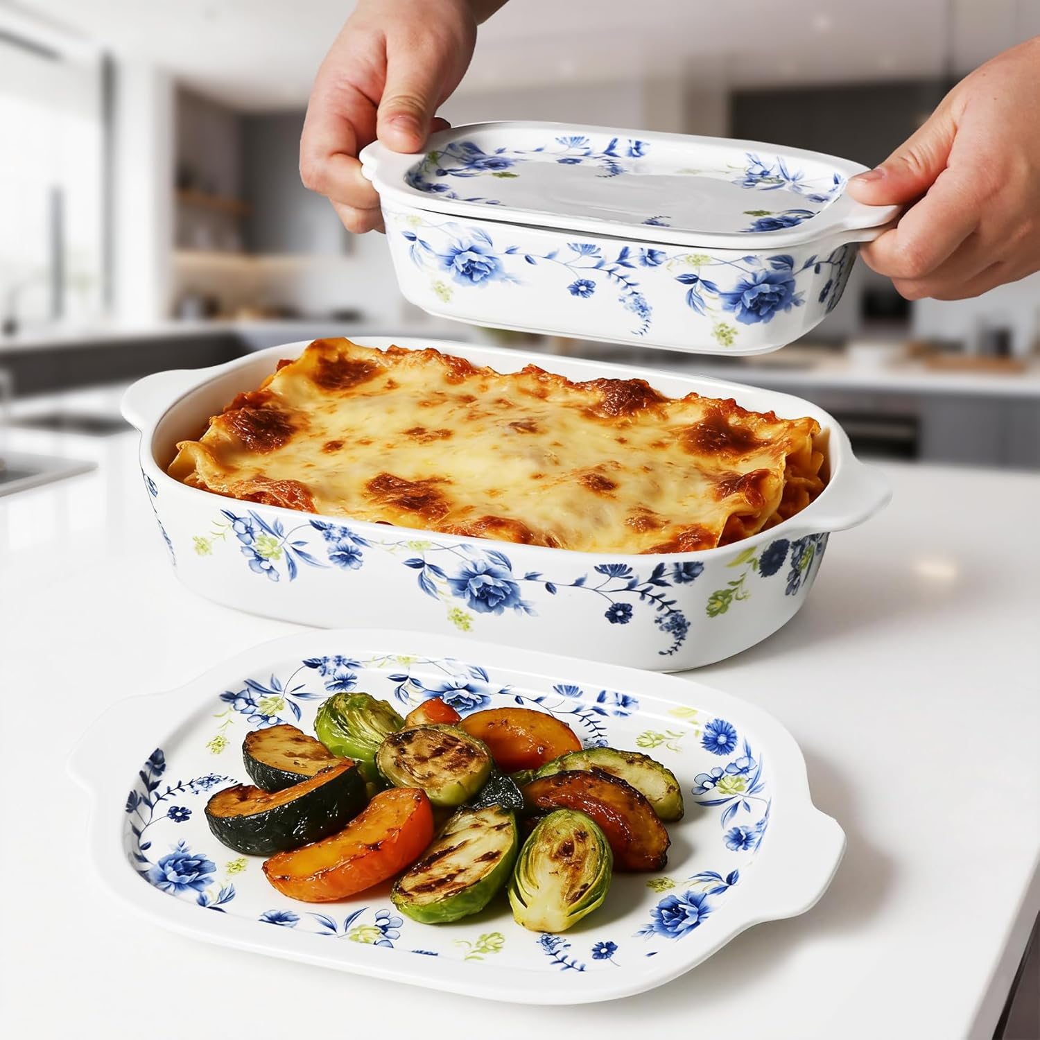 Ceramic Casserole Dish with Lid, Baking Dish for Oven with Lids, 4 Pieces Casserole Dish Bakeware Set with Lid,13x8 & 9x6 Inch Microwave, Dishwasher Safe