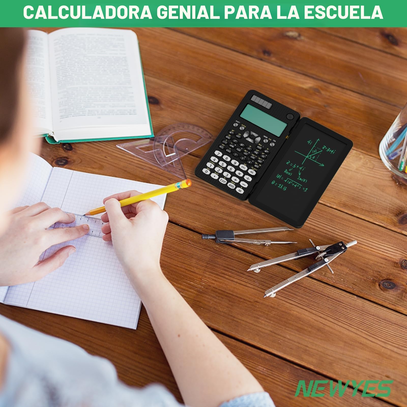 NEWYES Calculadora científica Plegable, Pantalla de 2 líneas, 240 Funciones con Pizarra y bolígrafo, calculadora científica para Estudiantes y Estudiantes