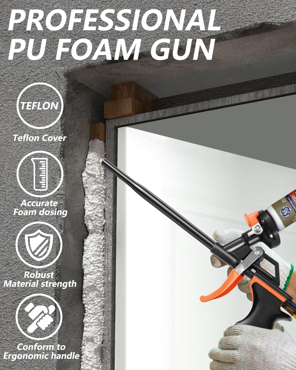 Pistola in schiuma PU, pistola per schiuma da costruzione, pistola dosatrice in schiuma, senza intasamento, facile da pulire con manico ergonomico in plastica, pistola in schiuma per casa e