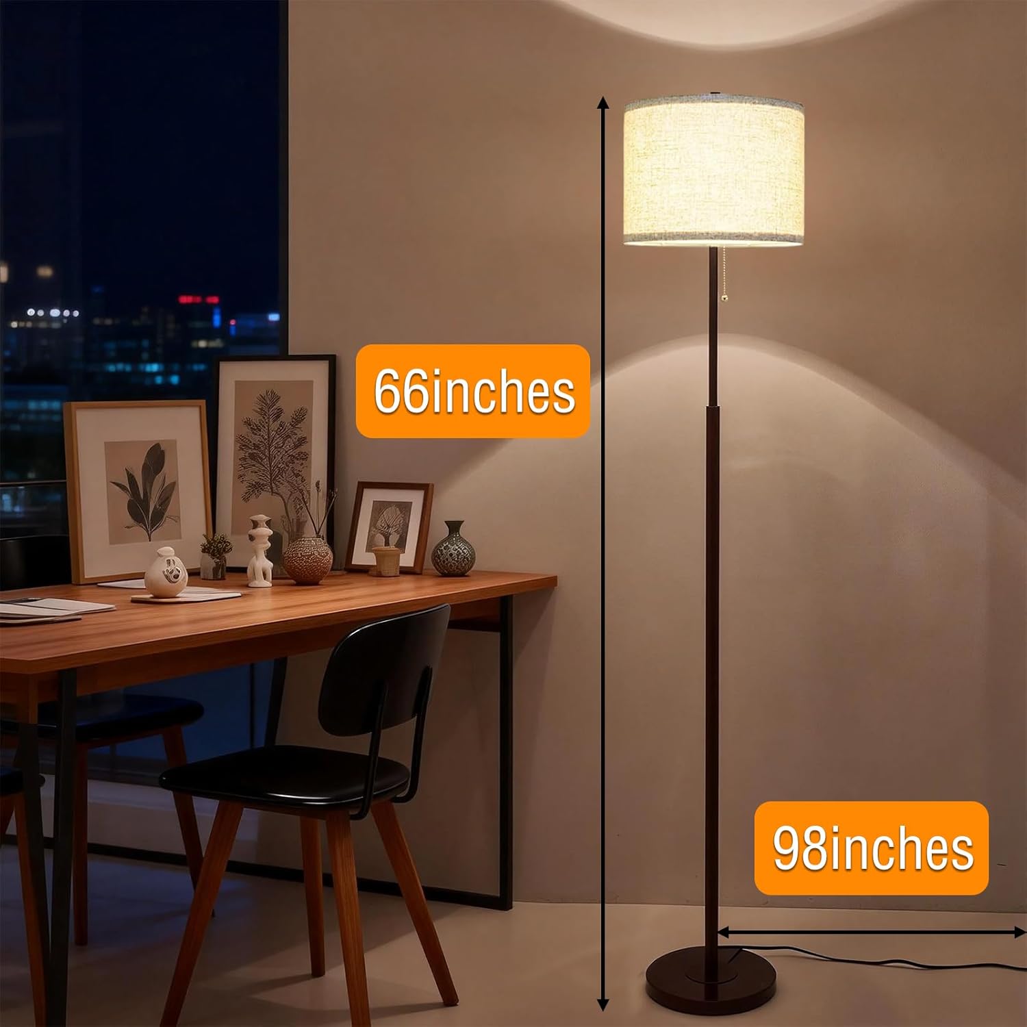 Modern Floor Lamp for Living Room with Beige Shade, Pull Chain Switch, 66" Tall Industrial Floor Lamps Reading with Marble Base for Bedroom Office (9W LED Bulb Included) -Black