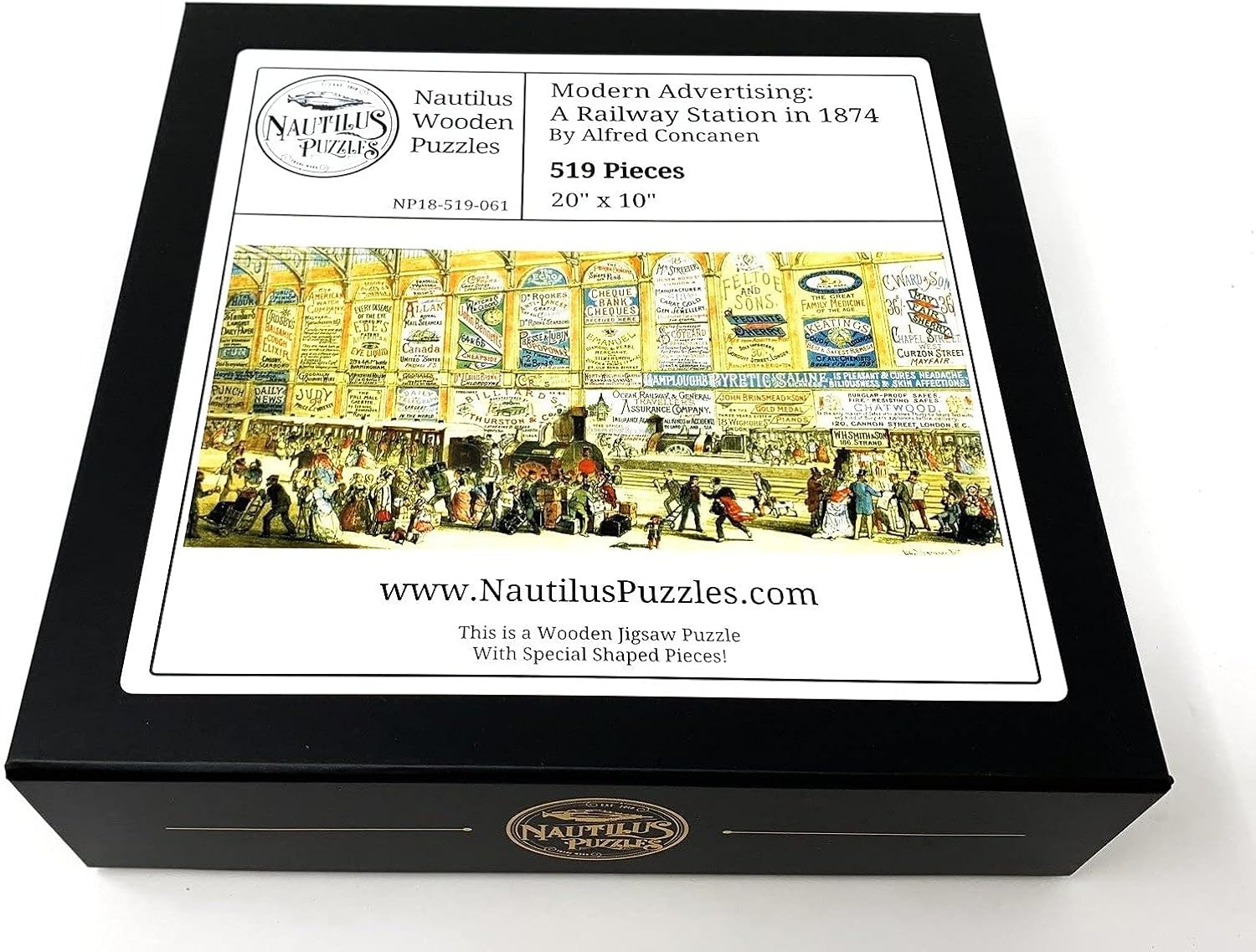 Wooden Jigsaw Puzzle Adults - Victorian Modern Advertising - A Railway Station in 1874. 519 Pieces. Made in USA by Nautilus Puzzles