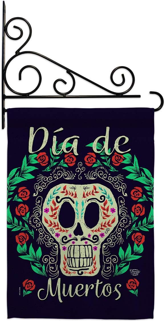 Dia de Muertos Skeleton Garden Flag Set Wall Holder Falltime Day of Dead Los Fiesta Mexican Party Autumntime Small Decorative Gift Yard House Banner Made In USA 13 X 18.5