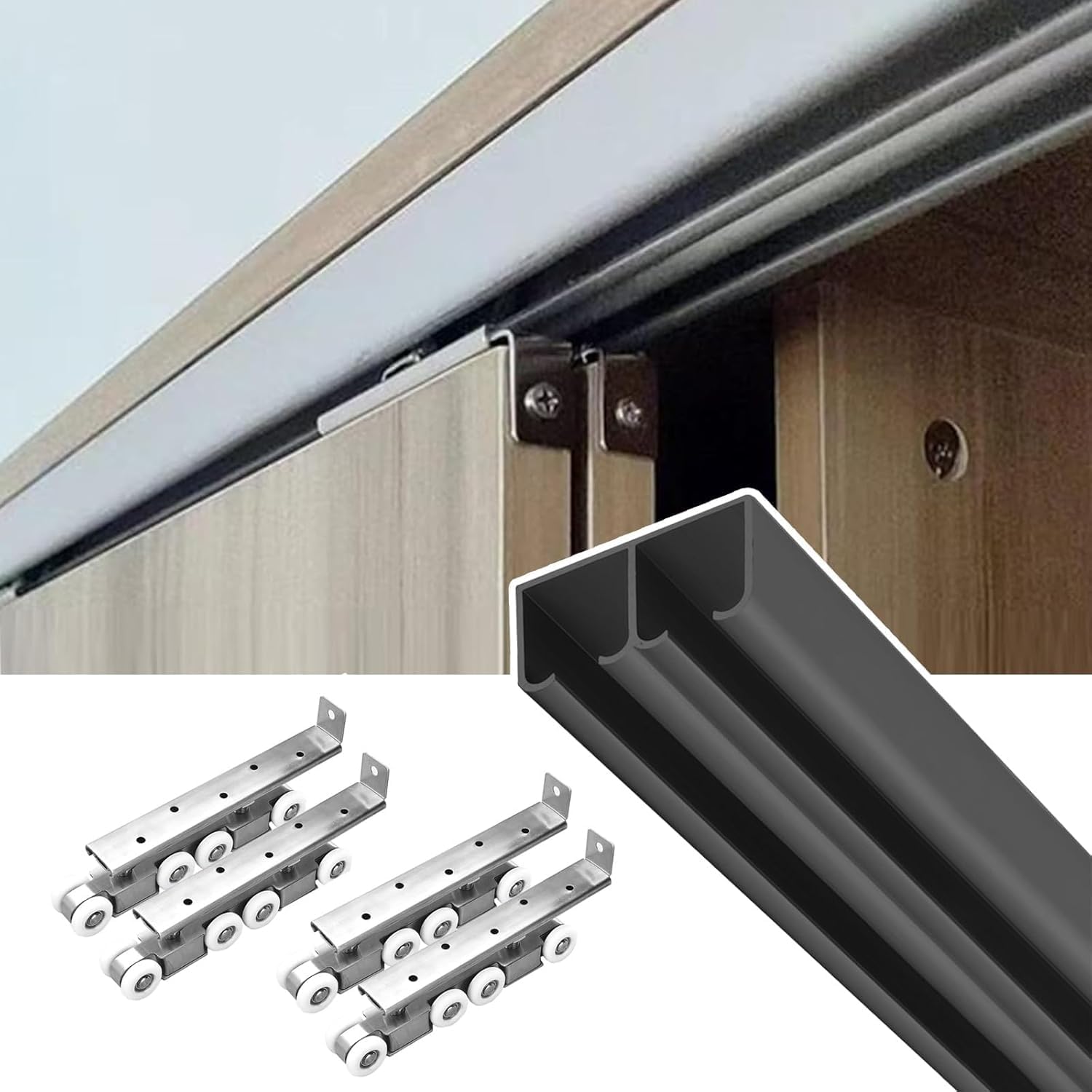 Heavy Duty Double Bypass Sliding Closet Door Track Kit, 1-1-1/4 in Thick Pocket Door Hardware Kit 16 14 12 10 9 8 7 6 5 4 3 Ft, Aluminum Box Rail Set(Silver,380cm/149.6in)