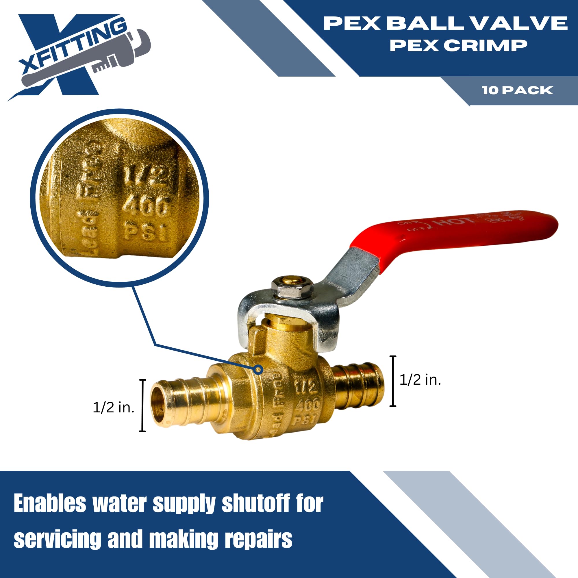 XFITTING Válvula de bola Pex de 10 piezas de 1/2 pulgada con mango rojo, 24-2-1 = 10X (10)