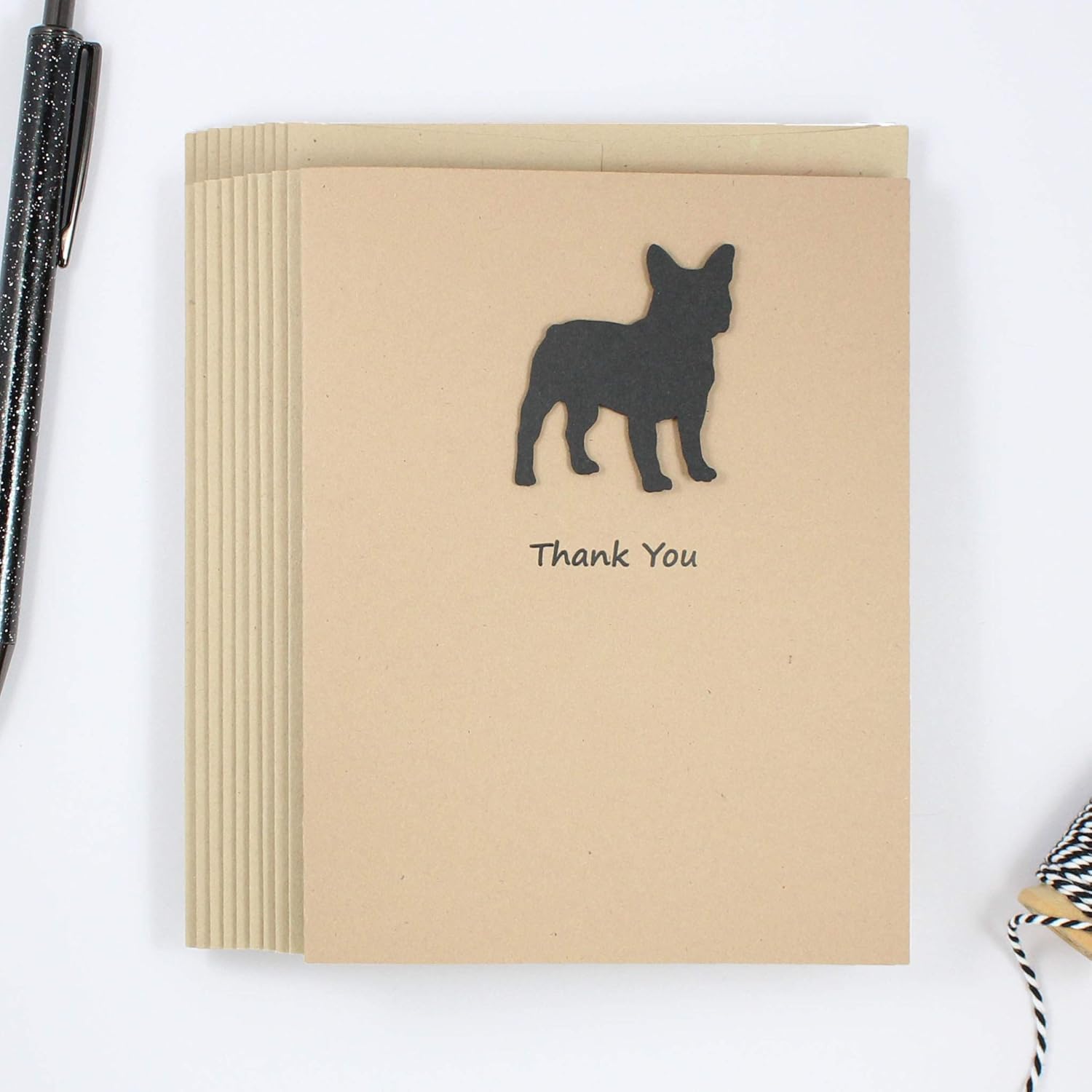 French Bulldog Thank You Cards 10 Pack | Handmade Frenchie Thank You Notecards | Black Dog | Kraft Brown with Matching Envelopes