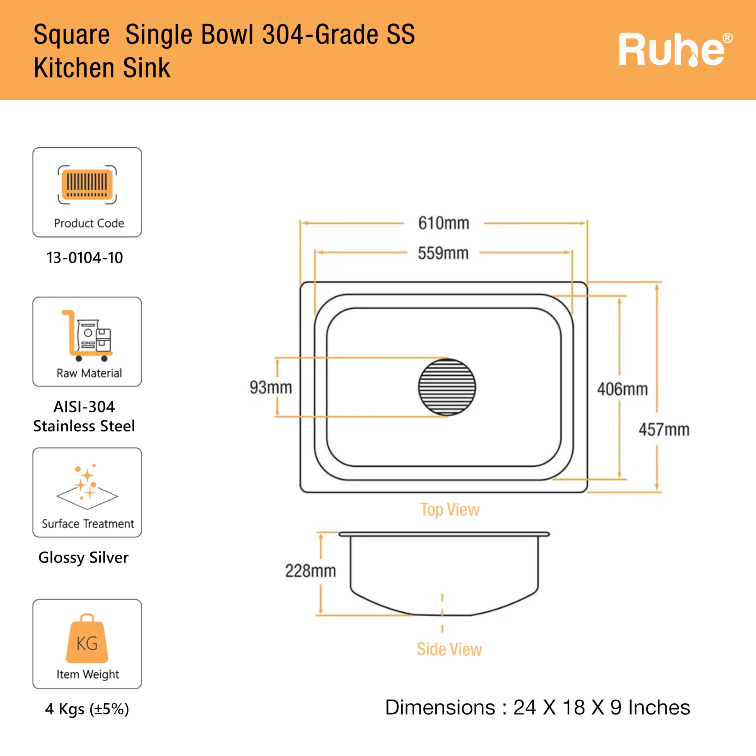Ruhe® Hydraulic Square Single Bowl Kitchen Sink - 24x18x9 inches | 304-Grade Stainless Steel Sink with Glossy Finish | Kitchen Sink Including Coupling and Waste Pipe