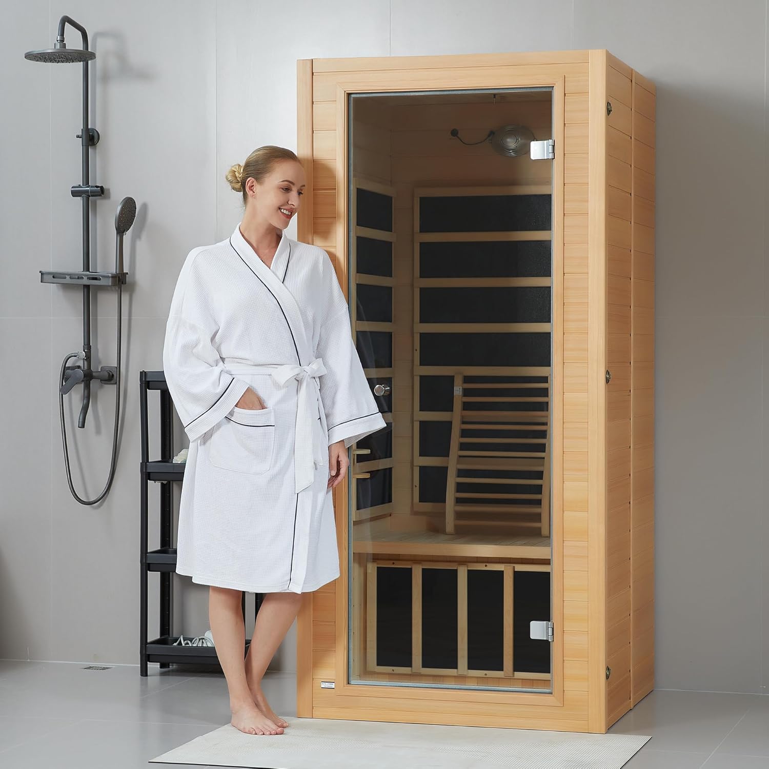 springspa Far Infrared Sauna for Home, Near Zero EMF Wood Home Sauna Room with 1400W, 9 Chromo Therapy Lights, Oxygen Ionizer, Bluetooth, LCD Control Panel for Indoor Use, 1 Person - Image 8
