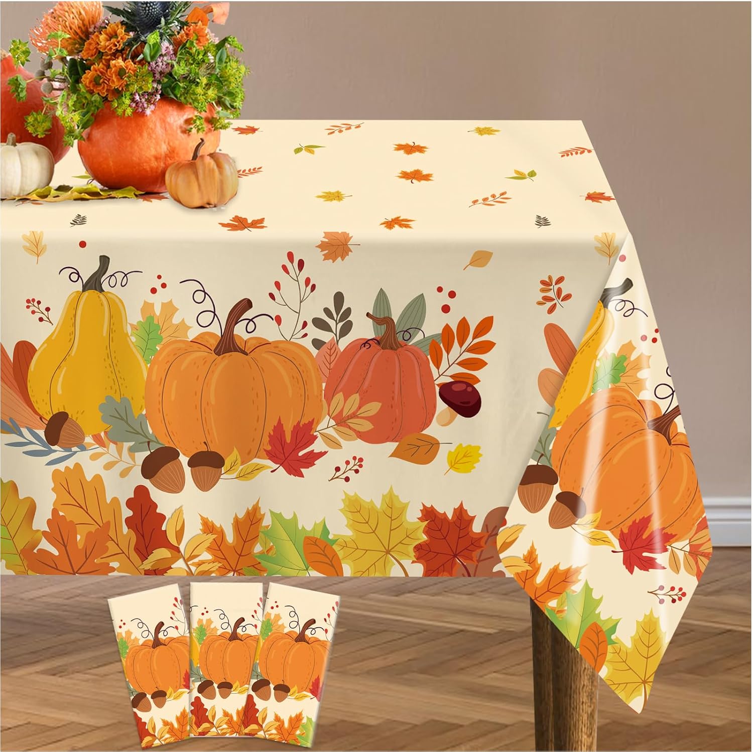 3 Pack Fall Pumpkin Tablecloth Thanksgiving Tablecloth Autumn Leaves Table Cover for Fall Thanksgiving Party Decorations, 54 x 108 Inch