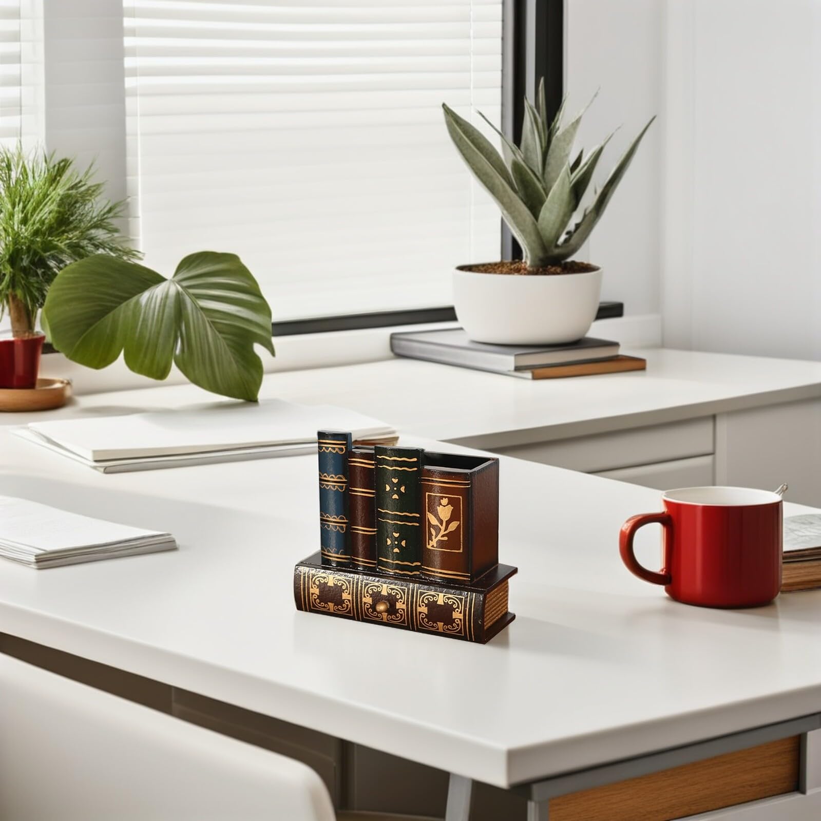 Organizer da Scrivania Elegante con Cassetto Stile Europeo in Legno Portapenne a Forma di Libro Falso Set 2 Pezzi per Ufficio e Spazio Lavoro Ordinato