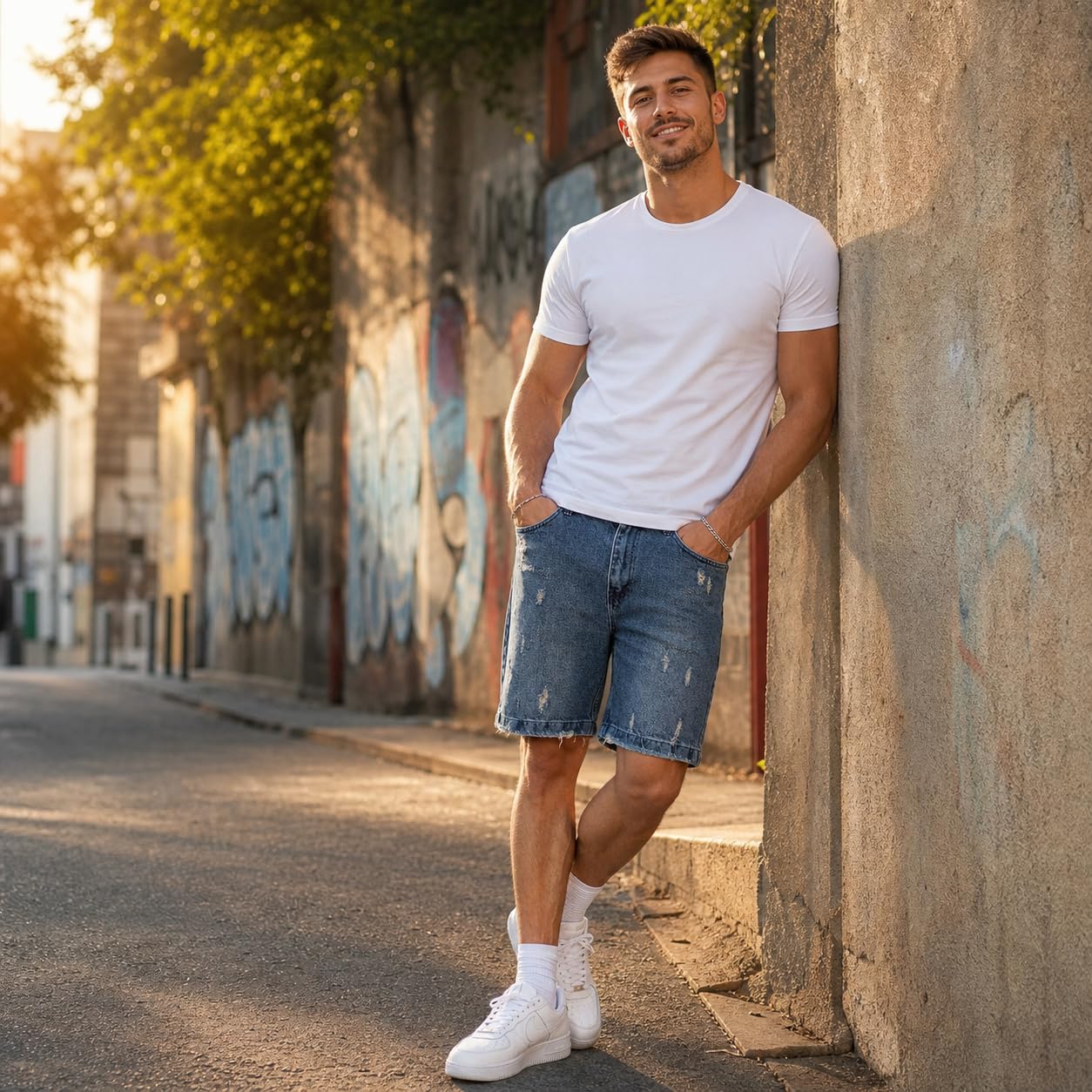 Redbridge Pantalones cortos vaqueros para hombre, bermudas vaqueras con aspecto desgastado, corte regular de 5 bolsillos, longitud hasta la rodilla con dobladillo flequillo