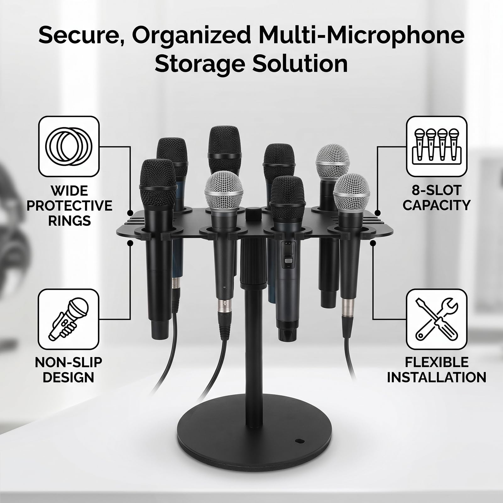 Supporto Multi-Microfono per Microfoni Cablati e Wireless, 8 Slot, Supporto Quadrato per Microfono, Vassoio per Palco, Antivibrazione, Montabile su Scrivania o a parete.