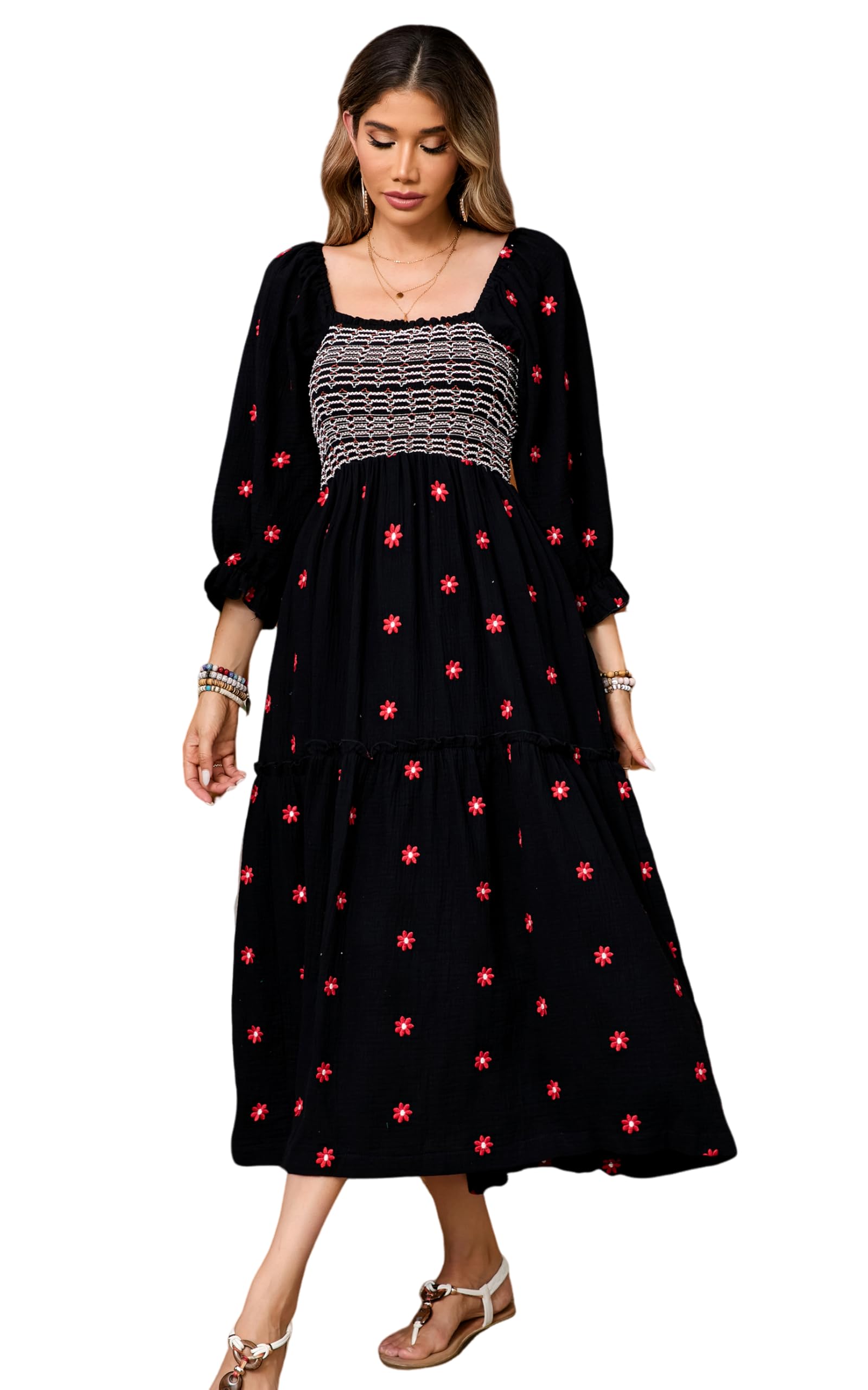 R.Vivimos Women's Long Sleeve Cotton Boho Midi Dress Vintage Square Neck Floral Embroidered Tiered Ruffle Flowy Pockets Dress