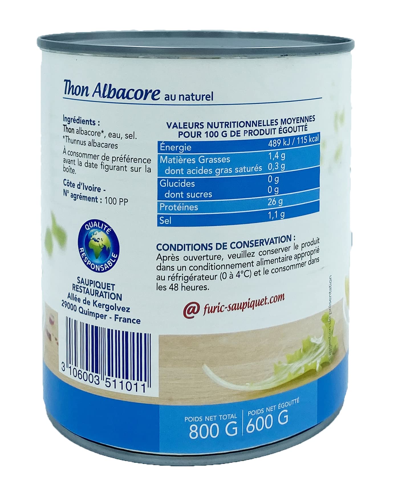 SAUPIQUET Thon Albacore au Naturel en conserve - Grand format économique 800g - Pêché en haute mer (Lot de 3 boîtes)