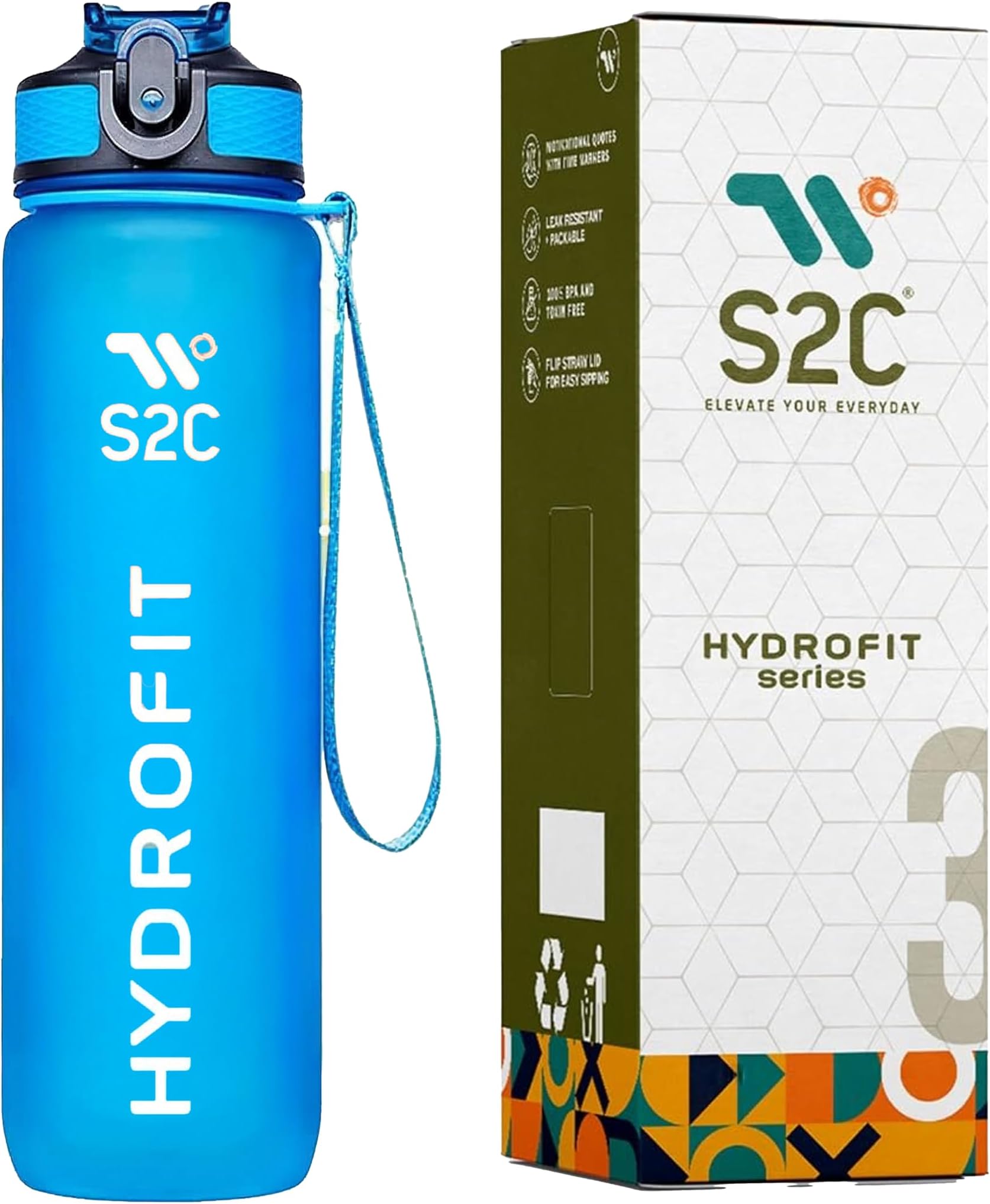 S2C -1L Motivational Water Bottle for Gym & School - Leakproof, BPA-Free, with Time Markers - Perfect for Men, Women, and Kids - Hydration Tracker, Inspirational Quotes, Durable Design (BLUE)