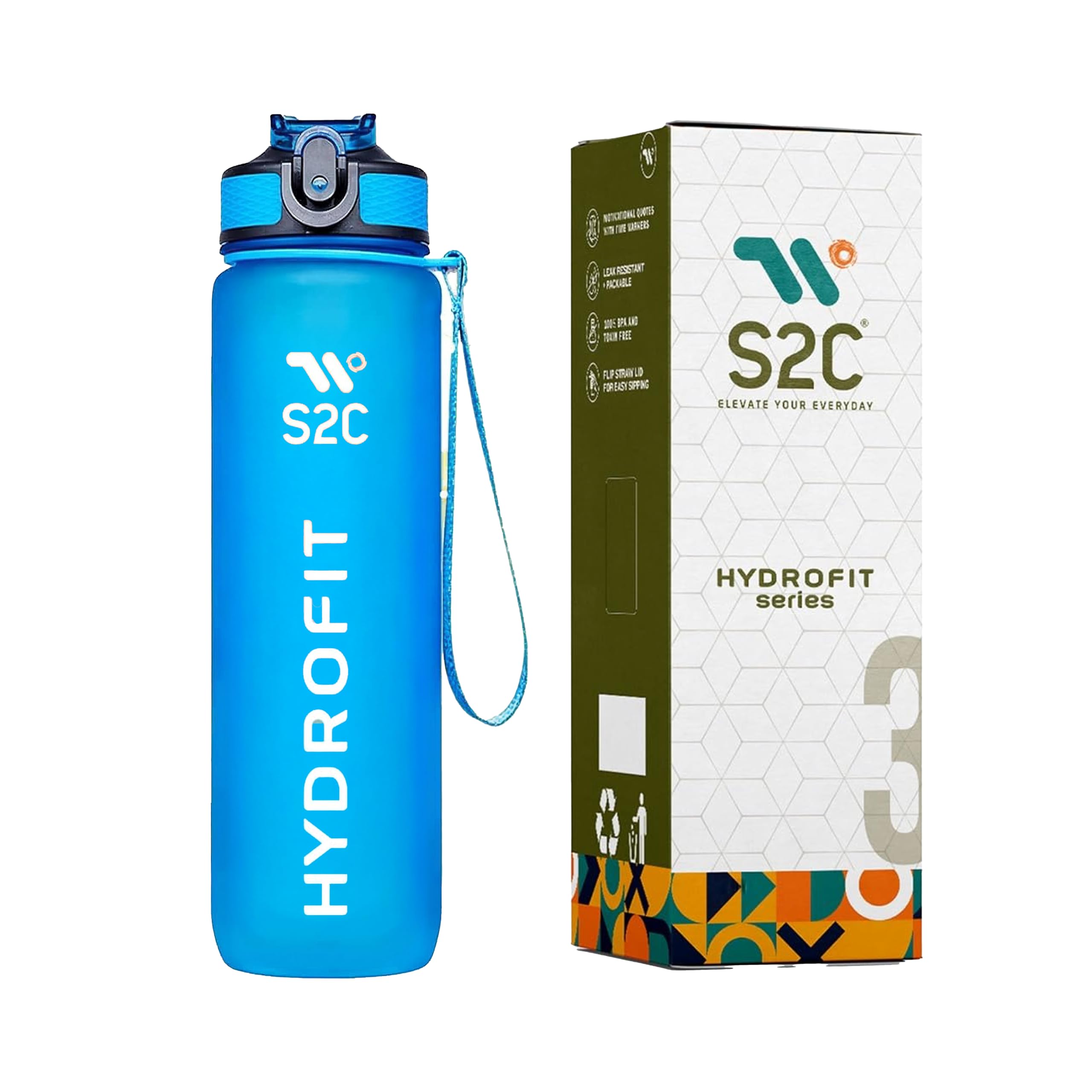 S2C Motivational Large Water Bottle 1L Tritan Plastic Water Bottle With Time Markers, Leak Proof Water Bottle For Kids, School Water Bottles (BLUE)