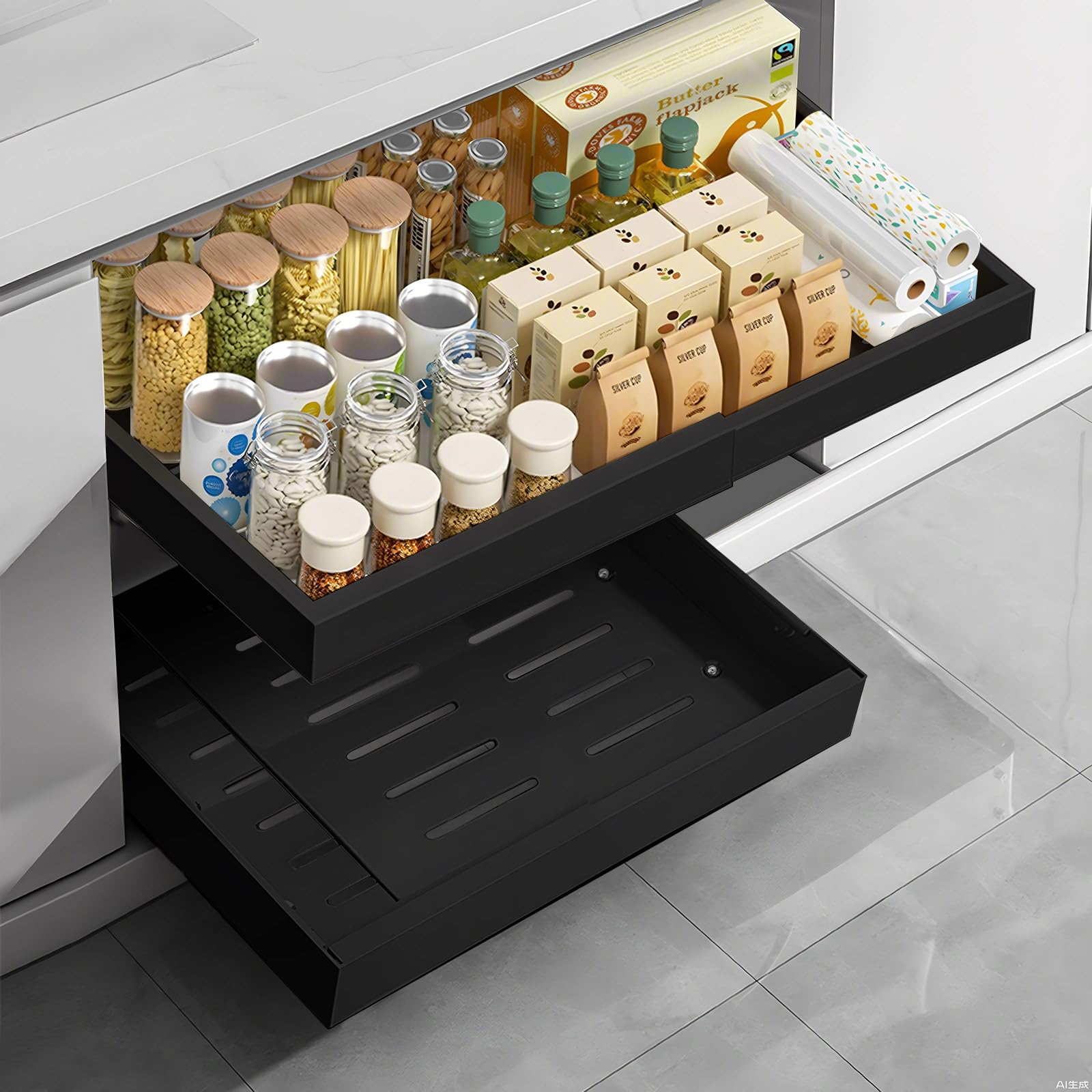 Cassetto telescopico, armadietto a scomparsa per la cucina, organizer per cassetti, larghezza regolabile senza fori (32-52 cm), adatto per cucina (nero)