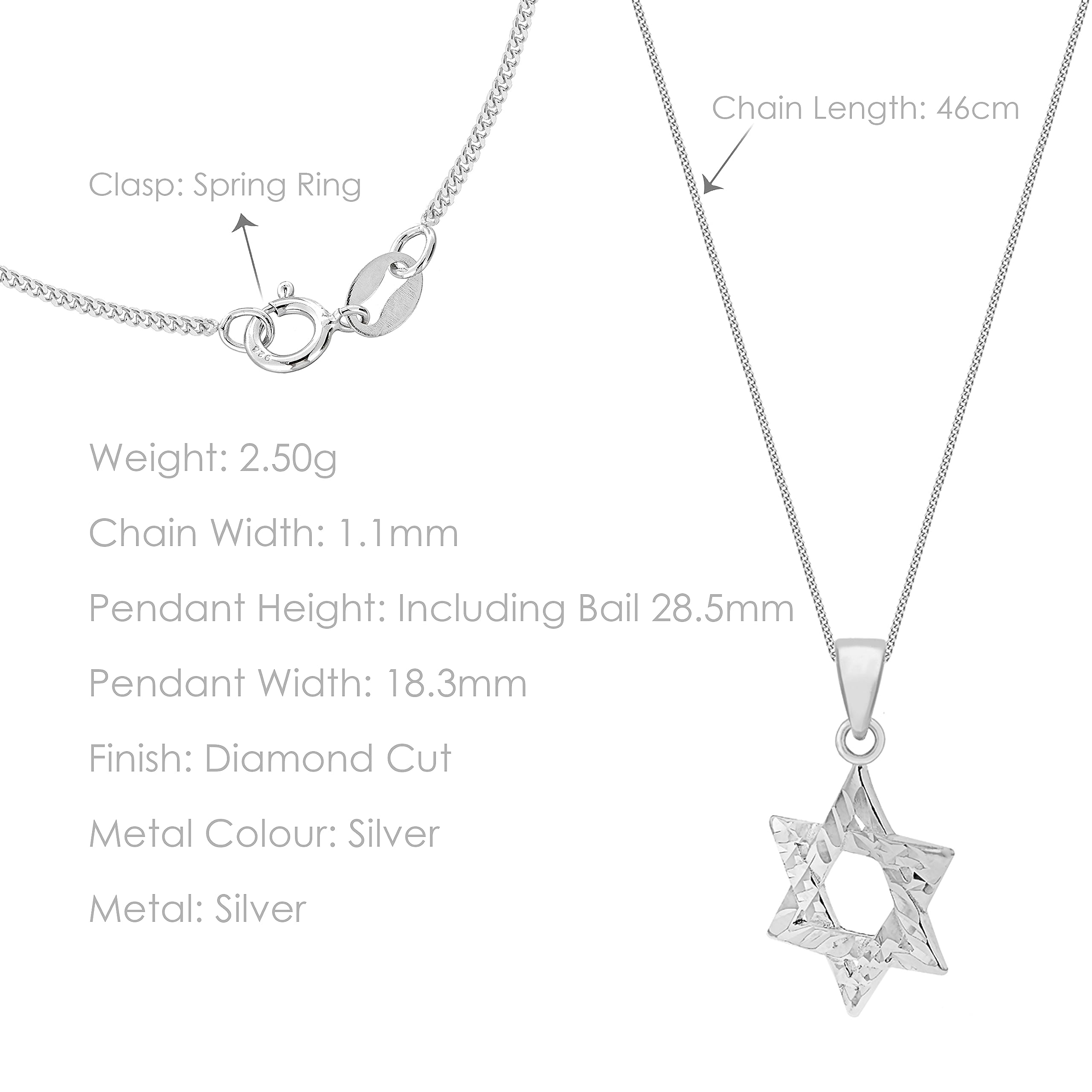 Tuscany Silver Ciondolo a Stella di David in argento sterling con taglio diamante su catena curb da 46 cm/18 pollici, per donna