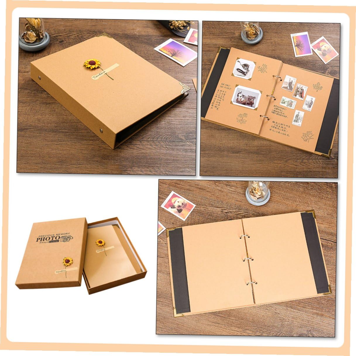 Álbum de Fotos Artesanal DIY de Recortes en Papel Kraft, Tamaño Compacto Páginas Amarillas para Pegar Fotos, Libro Decorativo para Bodas, Cumpleaños y Recuerdos Familiares