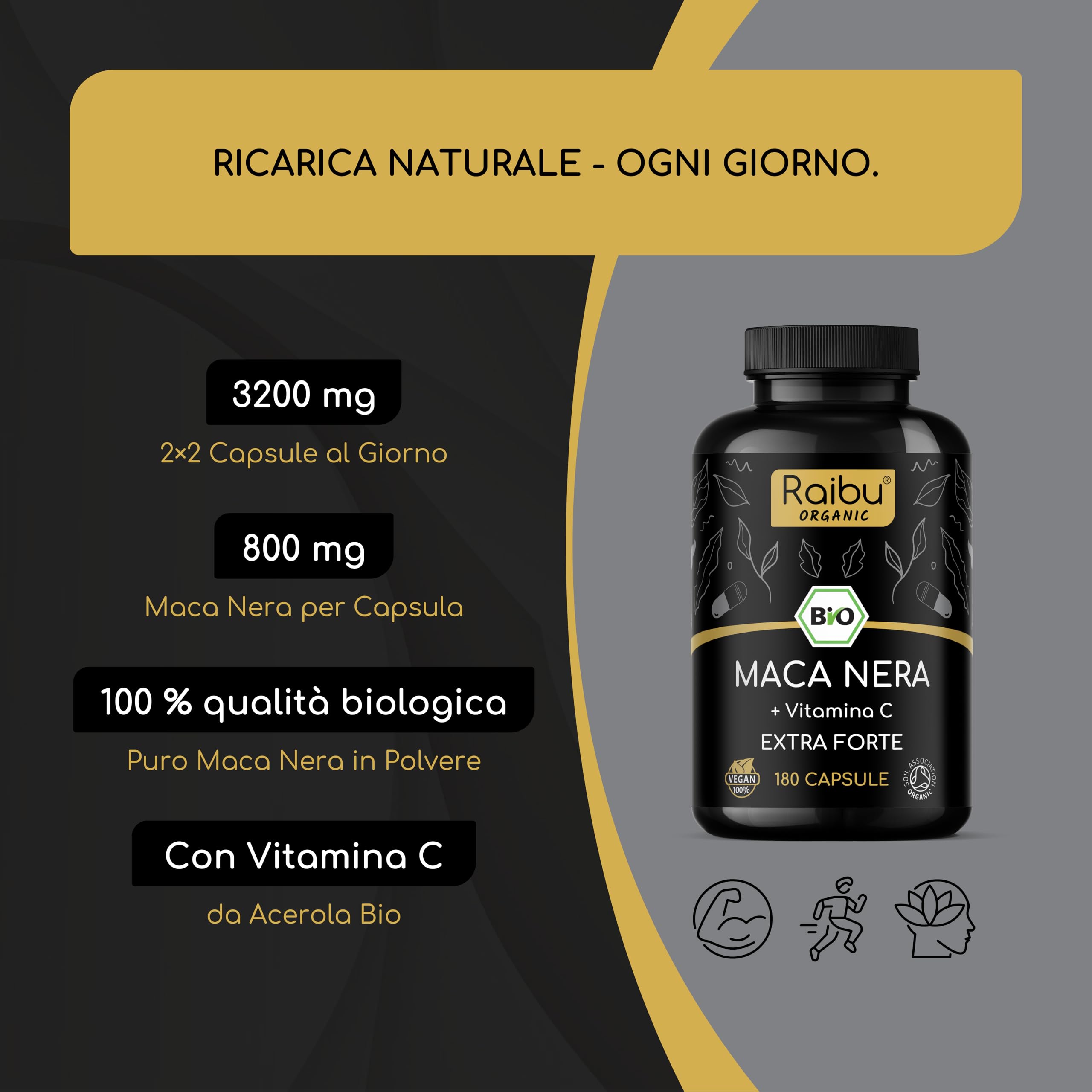 Maca Peruviana Nera BIO Extra Forte - 12.800 mg Maca Nera al giorno (equivalente a 3.200 mg) - Equilibrio Ormonale, Energia, Benessere - Originaria del Perù & Certificata BIO - 180 Capsule Vegane