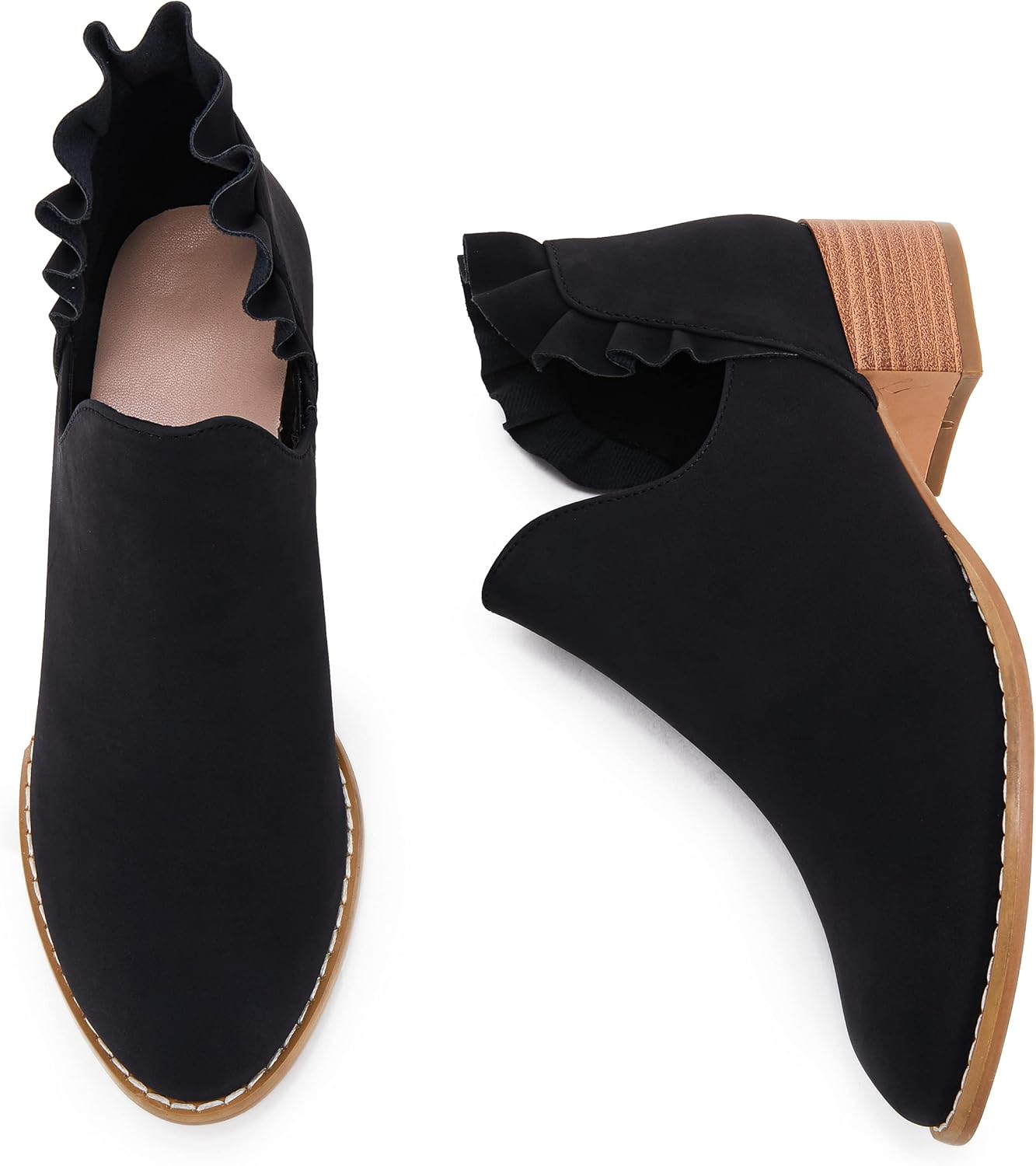 FISACE Womens Ruffled Ankle Boots V Cut Out Pointed Toe Chunky Low Heel Dressy Western Booties - Image 2