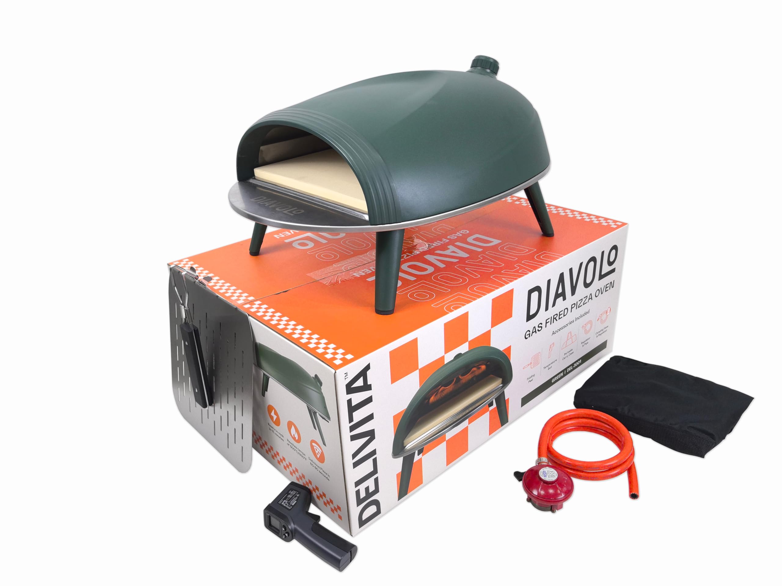Delivita Diavolo Gas Pizza Oven – Portable, Lightweight – Cooks Pizza in 60-90 Seconds at 450°C – Includes Folding Peel, Carry Case, Temperature Gun, and Gas Regulator – 10.5kg – Green