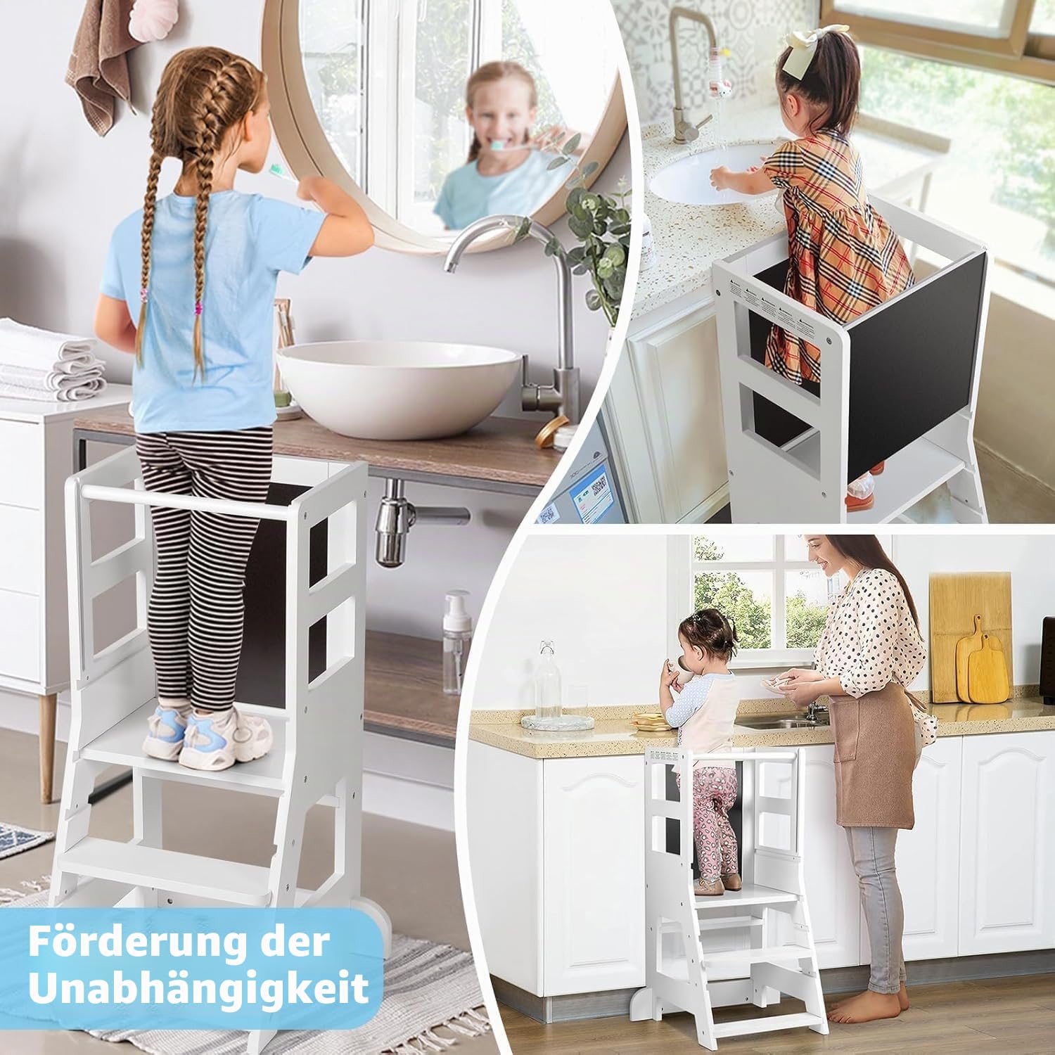 KIDINIX Lernturm mit 3 verstellbaren Höhen, Learning Tower mit magnetischem Whiteboard und Abnehmbarer Kreidetafel, Höhenverstellbar, Montessori-Lernstuhl für Küche und Bad, Kippsicher, Weiß