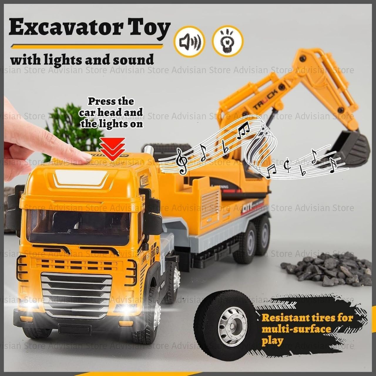 Advisian store 1:24 Excavator 4WD Friction Power Large Transport Truck with Lights and Sounds Alloy Diecast Truck Toy Best Birthday Gift for Kids (Pack of 1) (1:24 Excavator Truck) 2