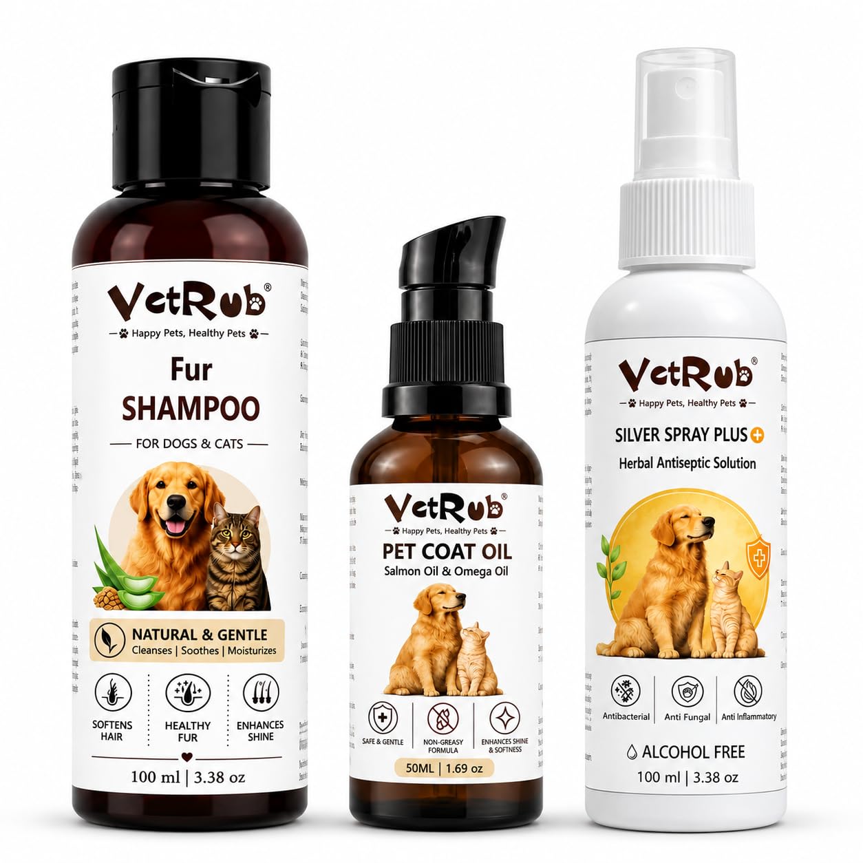 VetRub Fur Shampoo, Pet Coat Oil & Silver Spray Combo for Dogs & Cats